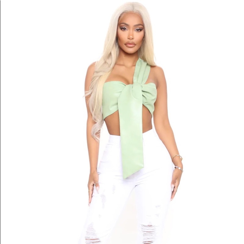 Sage green faux leather knot front top